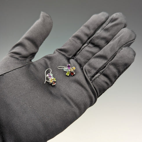 British Vintage Jewelry Diamond & Multi-Stone Flower Sterling Silver Earrings